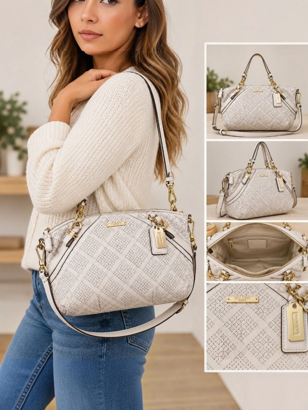 Coach Madison Sophia Satchel Cream Woven Leather Shoulder Bag F22861